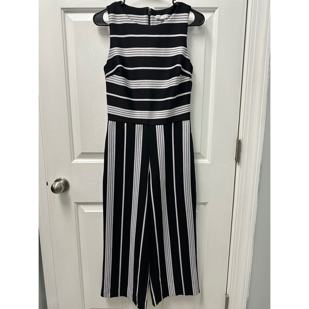 New York & Company Black White Striped Sleeveless Wide Leg Jumpsuit XS Stretch